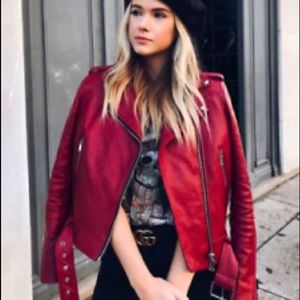 Zara basic red faux leather biker jacket size XS silver zipper